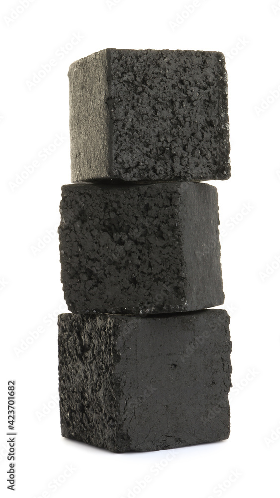 Stack of charcoal cubes for hookah on white background Stack of charcoal cubes for hookah on white background
