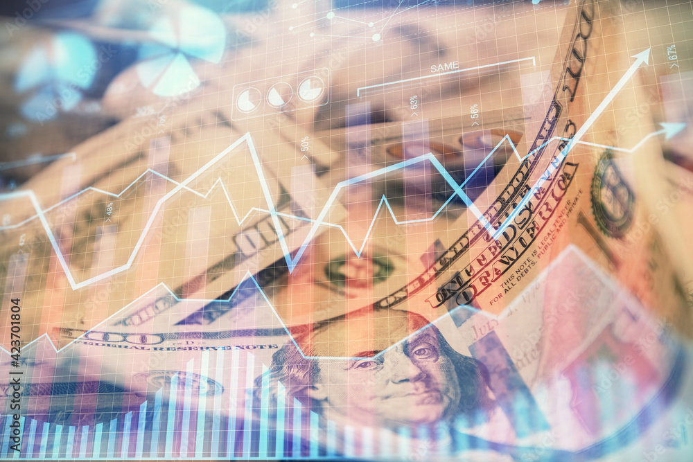 Double exposure of forex graph drawing over us dollars bill background. Concept of financial markets. Double exposure of forex graph drawing over us dollars bill background. Concept of financial markets.