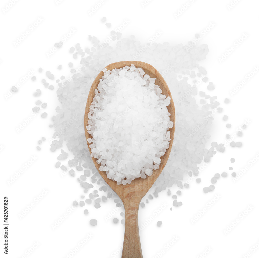 Natural salt and spoon on white background, top view Natural salt and spoon on white background, top view