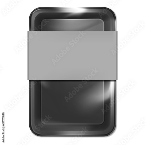 Black plastic food container box with transparent film top and blank label isolated on white background, realistic vector mockup