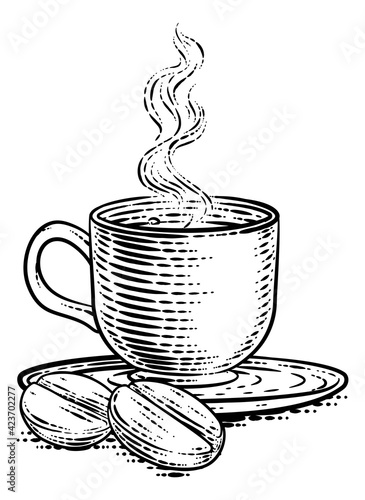 Coffee Beans And Cup Vintage Woodcut Illustration