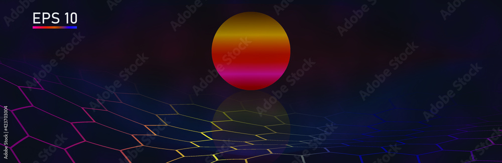Retro background futuristic landscape 1980s 80s party background. Retro 80s sun and red background. Vector illustration. EPS 10