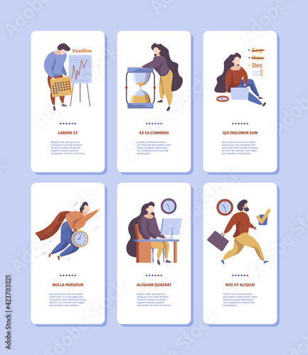 Time management onboard. Smartphone screen vertical banners with business planning people self organization daily control job garish vector templates