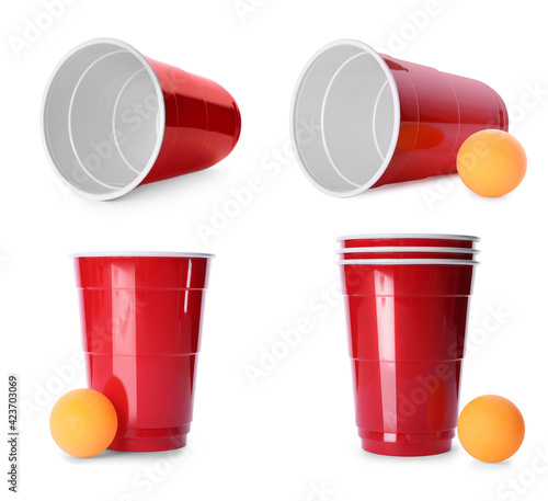 Beer pong. Set with red plastic cups and balls on white background