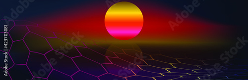 Retro background futuristic landscape 1980s 80s party background. Retro 80s sun and red background. Vector illustration. EPS 10