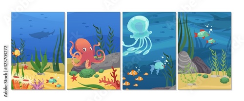 Sealife cards. Ocean animals, fish octopus banners. Underwater world vector background