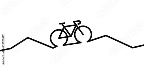 Racing bike or mountain biker. Nature tourism in the mountains, travel, adventure concept. Cartoon cycling line pattern icon. Sports symbol. Cycle, bicycle logo. Cyclist on holliday, vacation. Sun