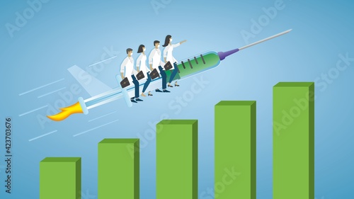 Group of people riding upwards on vaccine syringe rocket. Graph could indicate more vaccinated people or sucess in  health care business. Vector illustration. EPS10.