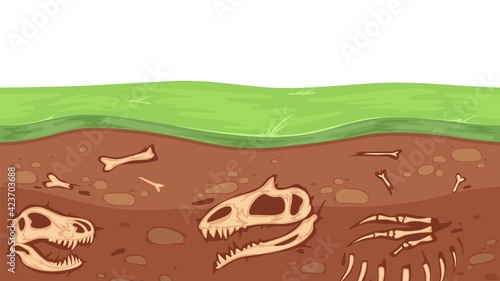 Paleontology bones. Archeology, underground dinosaur skeleton and skull. Fossil in ground layers vector illustration