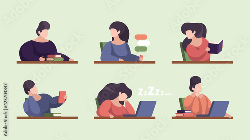 Students lecture. Lazy teens people studying in university lecture hall persona male and female sleeping talking garish vector flat stylized characters