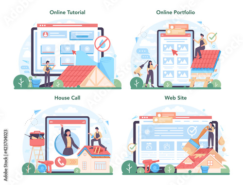 Roof construction worker online service or platform set. Building fixing