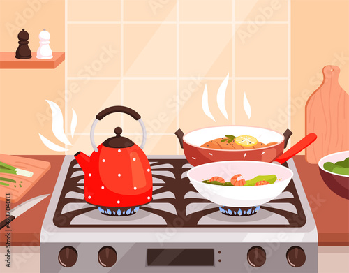 Kitchen cooking. Boiling in pans on gas stove burning and steam from preparing food delicious cuisine nowaday vector cartoon background illustration