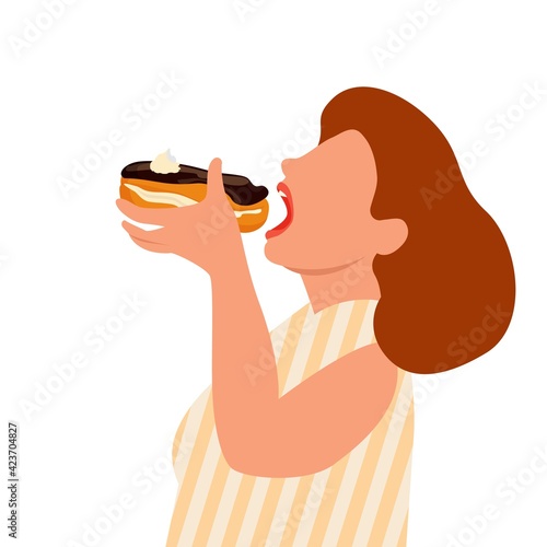 Gluttony concept. Fat and overweight person want to eat food. Vector