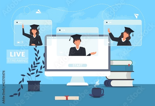 Online video call graduate students in mantle on computer screen. Computer screen with online graduation ceremony. Diverse virtual celebration meeting during quarantine. Online education.