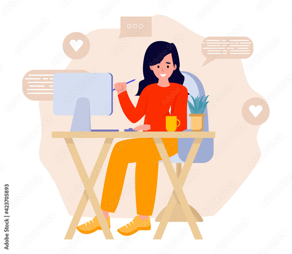Beautiful young woman working on laptop computer while sitting at the living room in the house. Flat vector concept illustration isolated on white