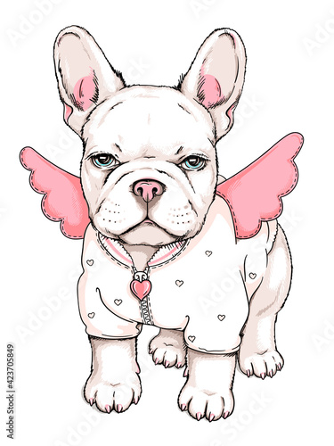 Cute french bulldog puppy in an angel costume. Vector illustration in hand-drawn style. Image for printing on any surface
