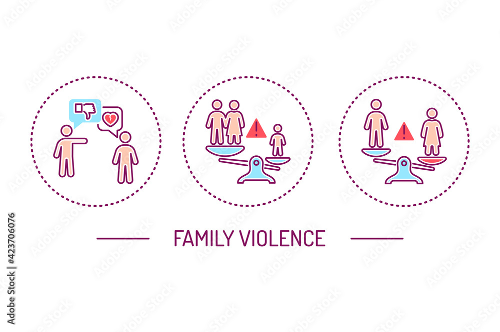 Family violence color line icons concept. Harassment, social abuse and bullying. Isolated vector element. Family violence color line icons concept. Harassment, social abuse and bullying. Isolated vector element.