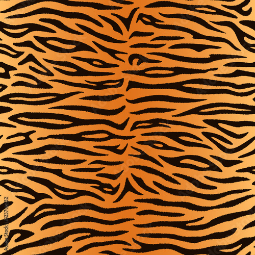 Seamless pattern. Realistic imitation of skin of tiger. Black stripes on orange and brown background. Animal print.