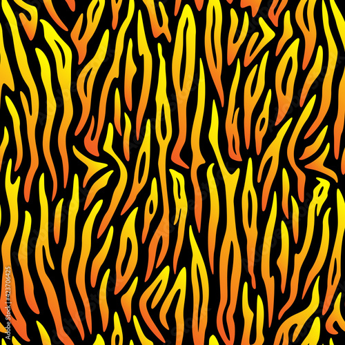 Seamless pattern. Imitation of skin of tiger. Neon orange and yellow stripes on black background. Colorful animal print. Print of fire, flame.