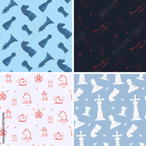 Set of seamless patterns with chess pieces. Textures with chess elements in different styles.