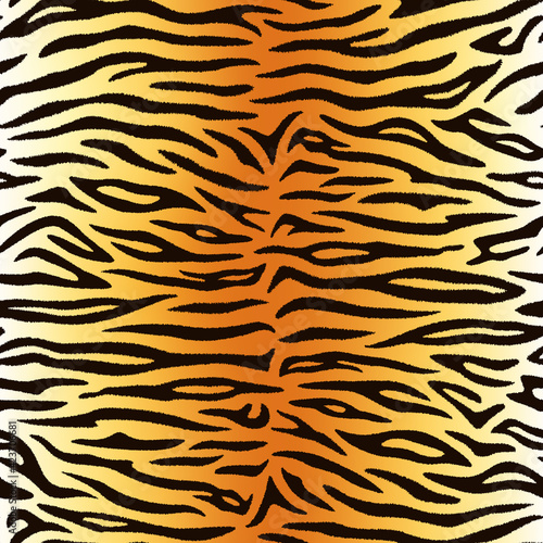 Seamless pattern. Realistic imitation of skin of tiger. Black stripes on orange and white background. Animal print.