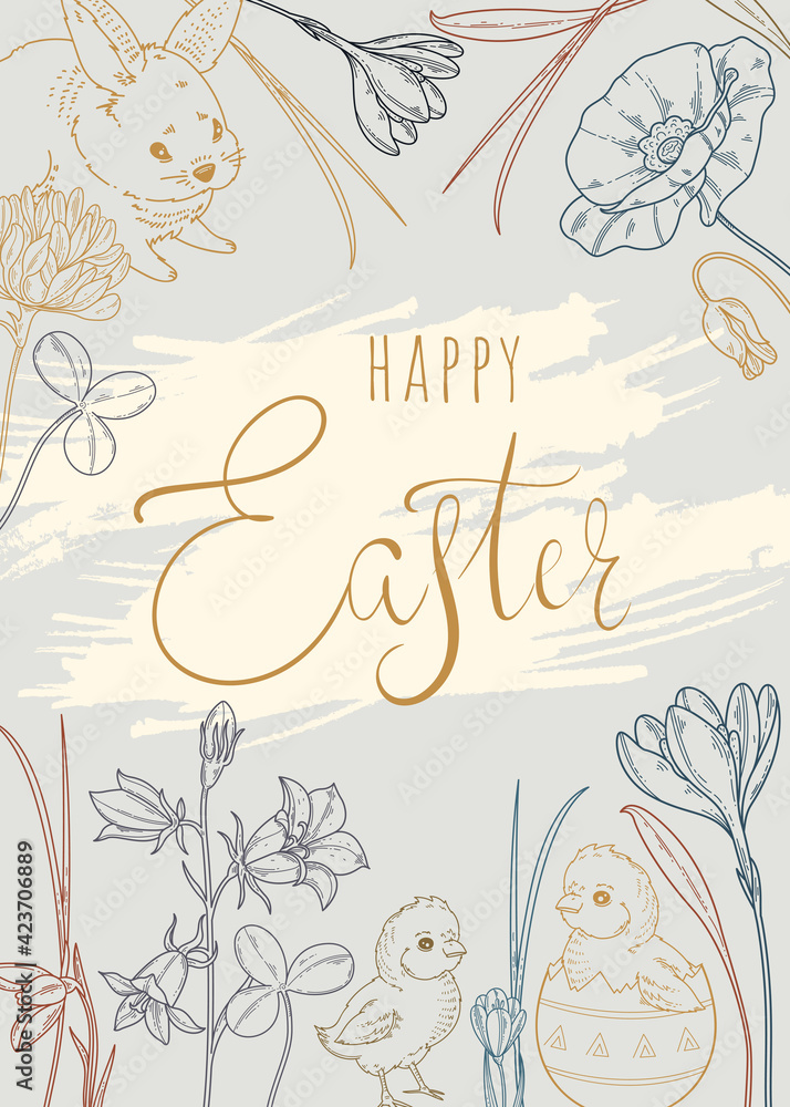Elegant Easter greeting card. Easter flyer with bunny, chickens and flowers