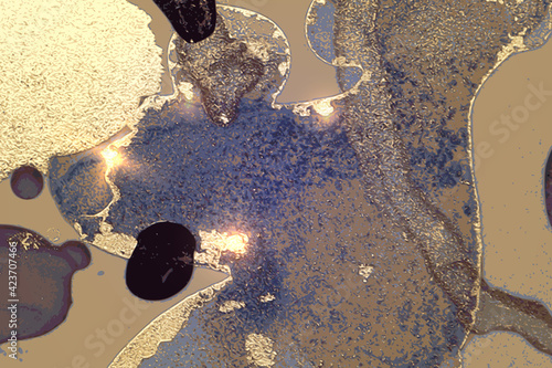 Abstract gold, purple and blue marble texture with sparkles. Vector background in alcohol ink technique. Modern paint with glitter. Template for banner, poster design. Fluid art painting