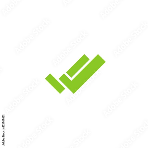 Valid Seal icon. Green double thik tick. Flat done sticker icon. Isolated on white.