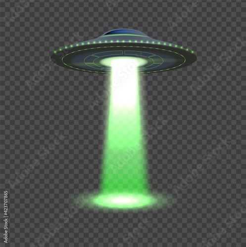 Aliens spaceship. UFO lights, 3d space object. Flying plate ship with rays, isolated fantasy invasion vector element