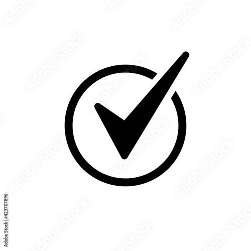Check Mark. Valid Seal icon. black tick in circle. Flat OK sticker icon.