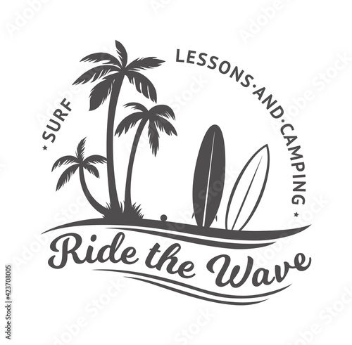 Surf club label. Badge design for surfing camping with boards and palms. Isolated seasonal sport relaxation vector logotype