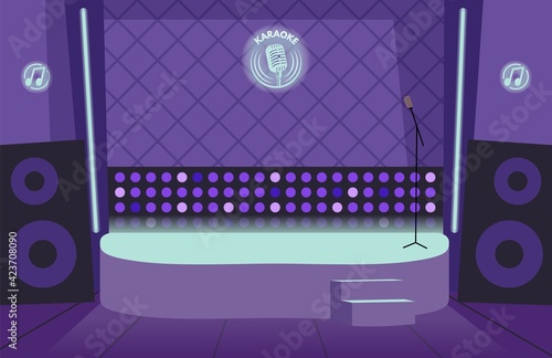 Karaoke bar interior. Empty stage, lights and microphone. Nightclub or dance, comedy stand up club vector illustration