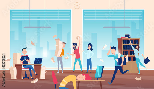 Chaos in office. Unorganized business boring asleep managers daily problems exact vector background