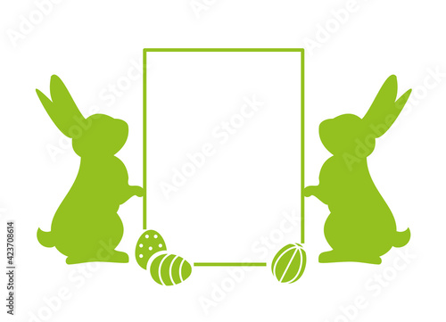 Osterkarte mit Blumen, Ostereiern und Osterhasen - Frohe Ostern - Grußkarte auf blauem Hintergrund und deutschem Text