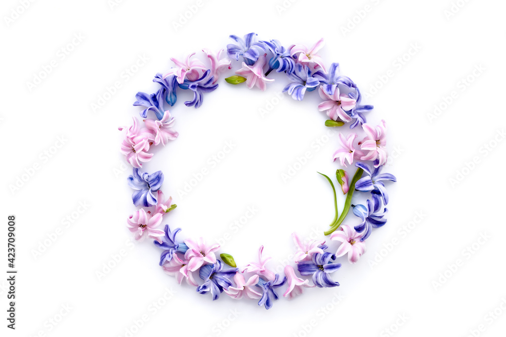 Round frame wreath pattern of multicolored hyacinth flowers isolated on white background. Flat lay, top view, copy space