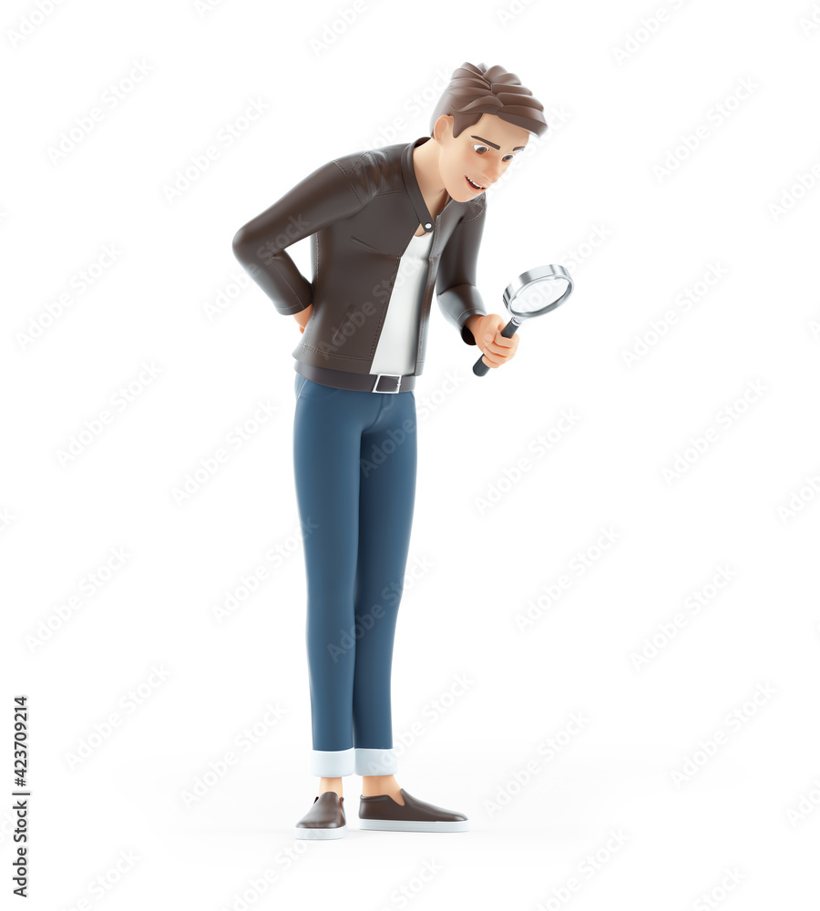 3d cartoon man looking through magnifying glass 3d cartoon man looking through magnifying glass