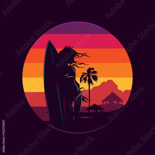 Original vector illustration in vintage style. Bright design in the spirit of the 80-90 years. A girl with a surfboard on the background of the sky at sunset.