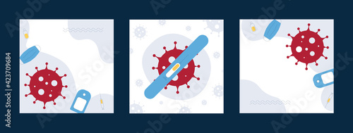 Coronavirus cell, mask, antiseptic, syringe, pulse oximeter. Stop covid-19.