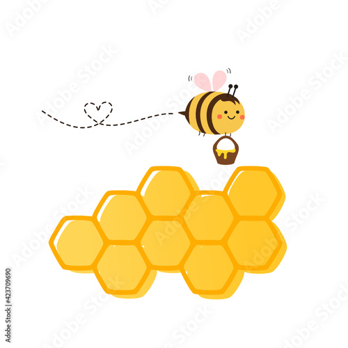 Happy bee cartoon with beehive honeycomb icon isolated on white background vector illustration.