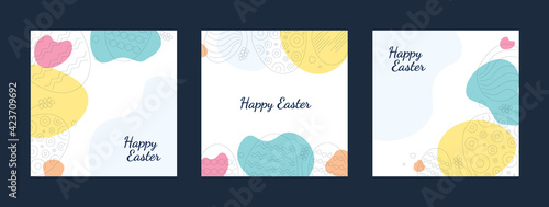 Easter eggs on original colored shapes and text Happy Easter