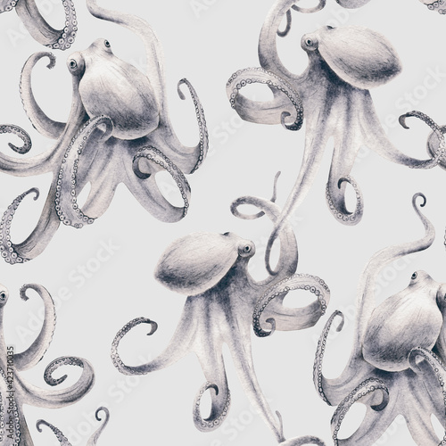 Oceanic seamless pattern with octopus on summer background. Template design for textiles, interior, clothes, wallpaper. Watercolot illustration. photo