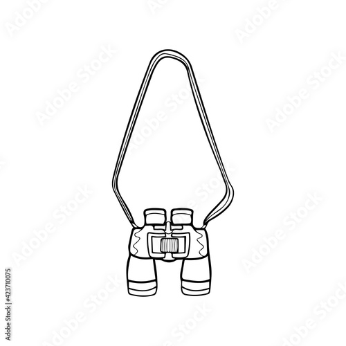 Binoculars with neck shoulder strap icon line art vector. Binocular chest harness outline icon. Zoom optical instrument black and white illustration.