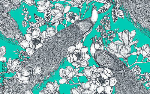 Vector seamless pattern of magnolia flowers, branches and peacocks.