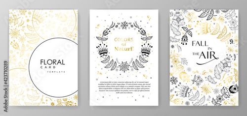 Gold color invitation with floral branches. Autumn cards templates for save the date  wedding invites  greeting cards 