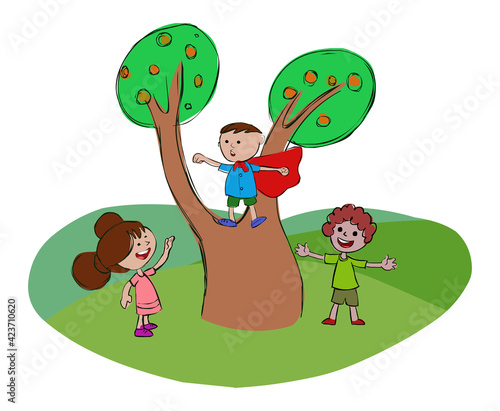 Kids playing superman cartoon illustration