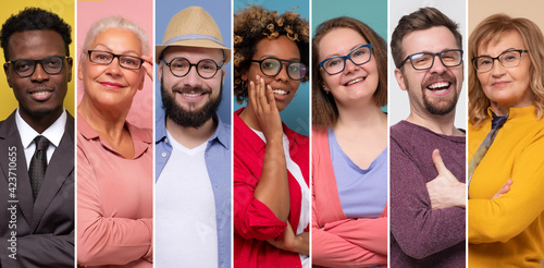 Collage of young and senior people wearing reading glasses photo