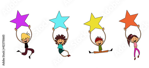 Kids with stars Happy children cartoon illustration