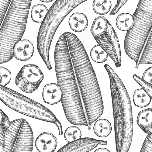 Hand drawn sketch style plantain seamless pattern. Organic fresh fruit vector illustration. Retro exotic banana fruit background