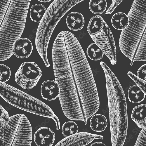 Hand drawn sketch style plantain seamless pattern. Organic fresh fruit vector illustration on chalk board. Retro exotic banana fruit background