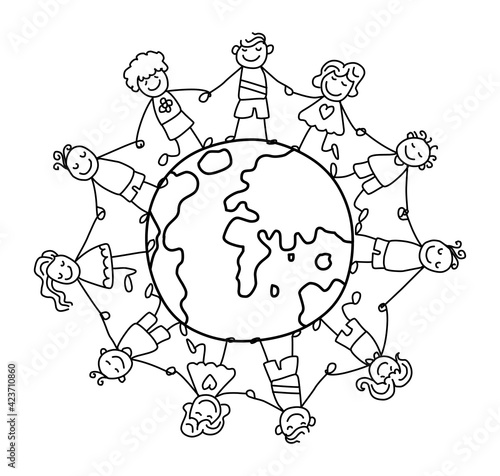 World kids cartoon stick figure blac line drawing